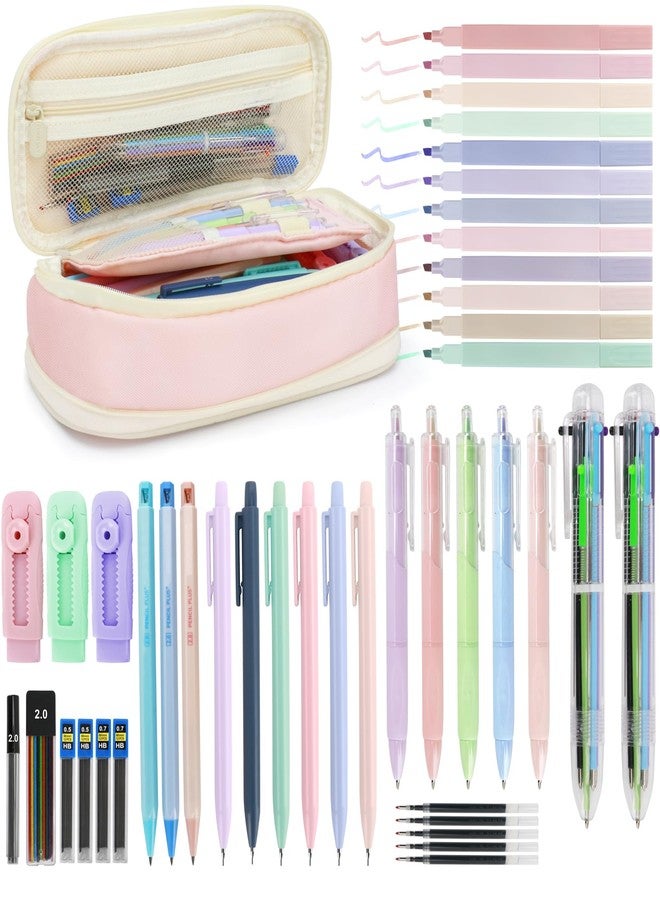 JEVONI 43 PCs Aesthetic School Supplies Kit - Art & Study Set with Pink Pencil Case, 0.5/0.7/2.0mm Mechanical Pencils, 6-Color Ballpoint Pens & Black Ink Gel Pens &12 Pastel Highlighters - Image 1